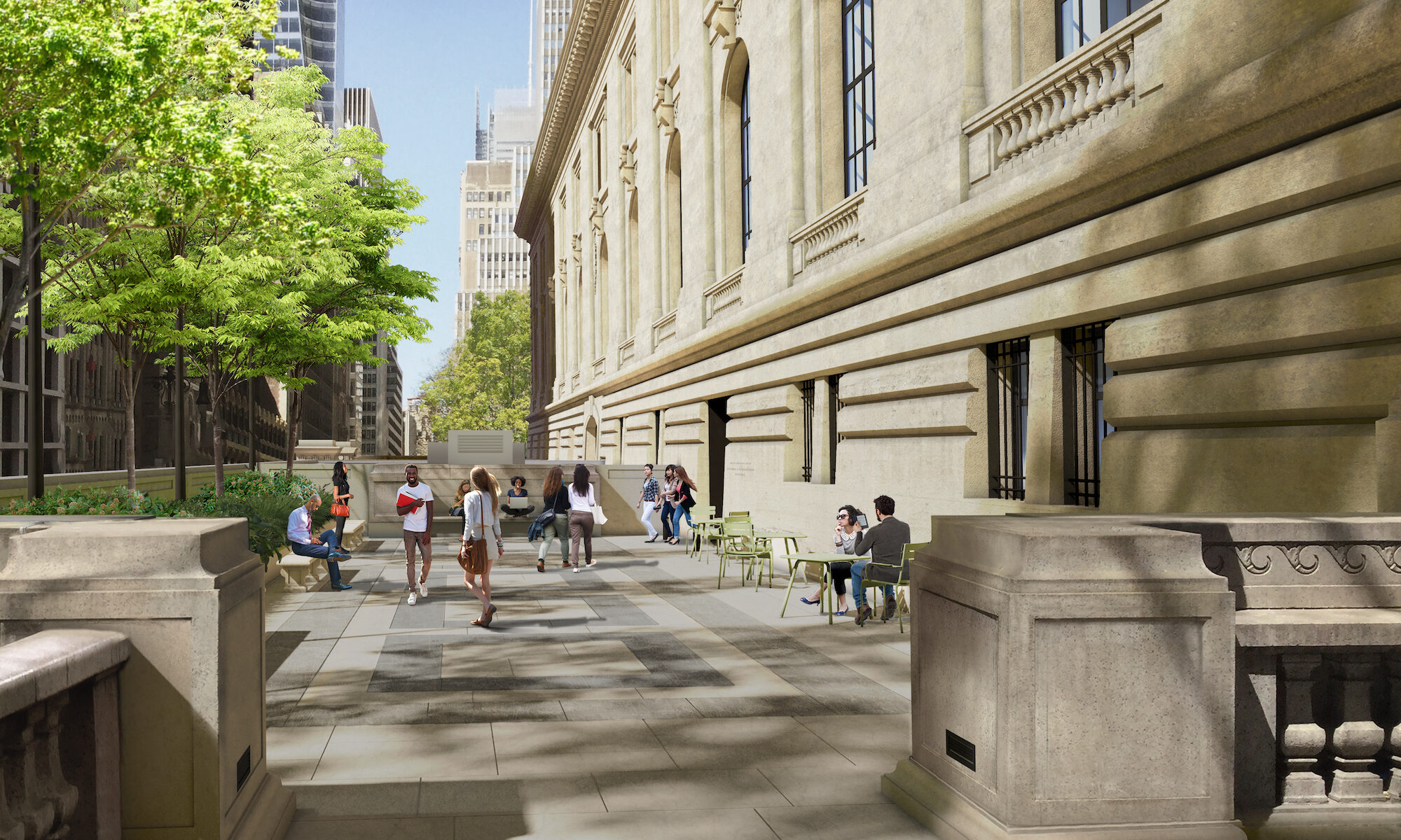 Rendering of the Stephen A. Schwarzman Building near the 40th Street entrance, showing a courtyard filled with people